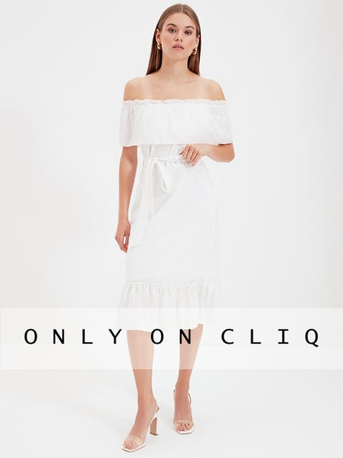 Gratitude White Off The Shoulder Ruched Midi Dress – Club L London - USA