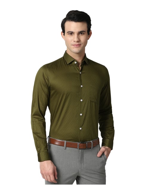 Peter England Elite Olive Green Cotton Regular Fit Printed Shirt