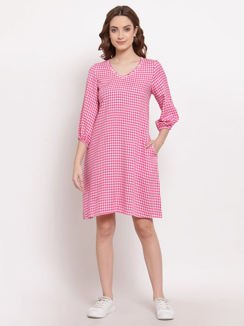 Terquois Pink Check A-Line Dress Price in India