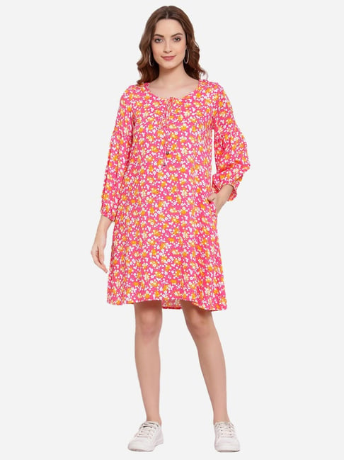 Terquois Pink Printed A-Line Dress Price in India