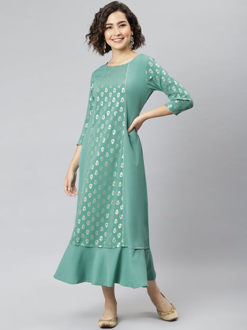 Janasya Green Printed Maxi Dress Price in India