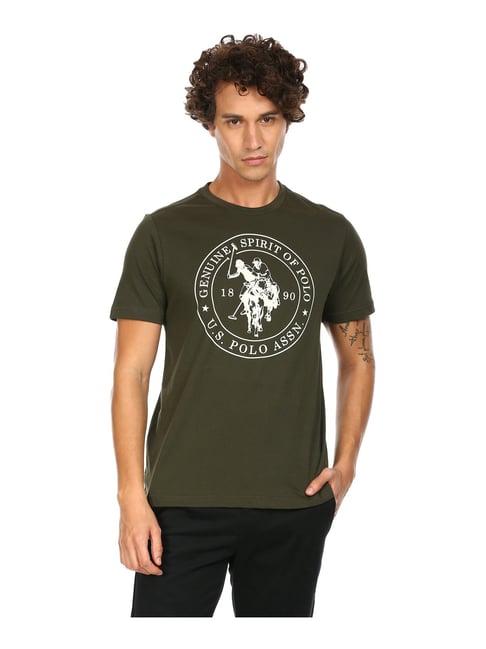 U S Polo Assn U.S. Polo Assn. Olive Green Cotton Regular Fit Printed T-Shirt