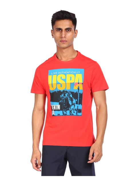 U S Polo Assn U.S. Polo Assn. Red Cotton Regular Fit Printed T-Shirt