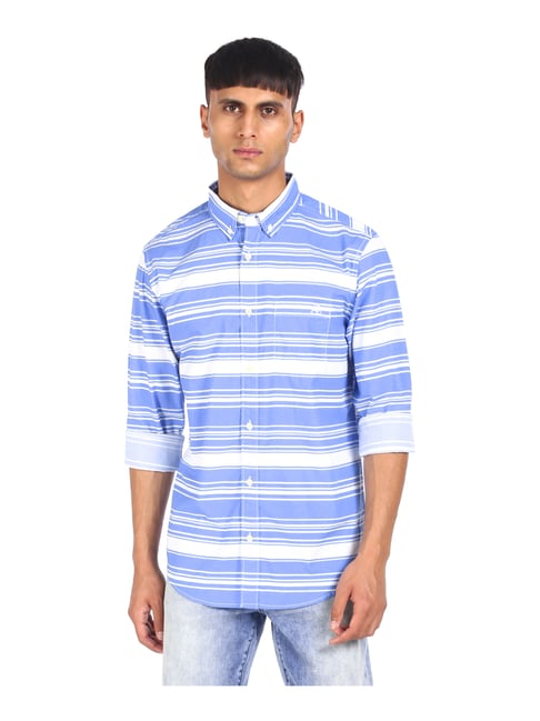 Aeropostale Blue & White Cotton Regular Fit Striped Shirt - Flexi Collection