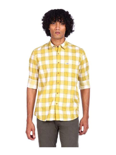 U S Polo Assn U.S. Polo Assn. Yellow Cotton Regular Fit Checks Shirt - Flexi Collection