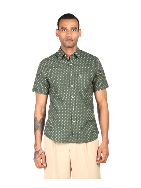 U S Polo Assn U.S. Polo Assn. Green Cotton Regular Fit Printed Shirt