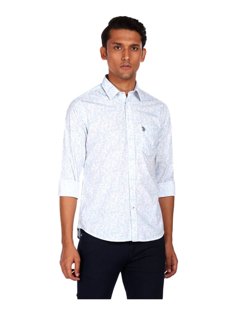 U S Polo Assn U.S. Polo Assn. Blue Cotton Regular Fit Printed Shirt - Flexi Collection