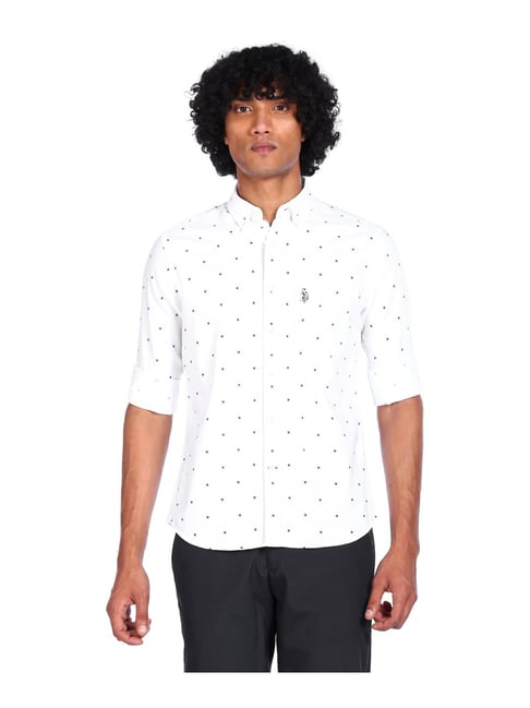 U S Polo Assn U.S. Polo Assn. White Cotton Regular Fit Printed Shirt - Flexi Collection