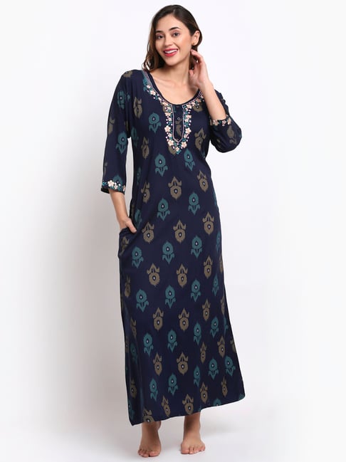 Claura Navy Printed Night Dress