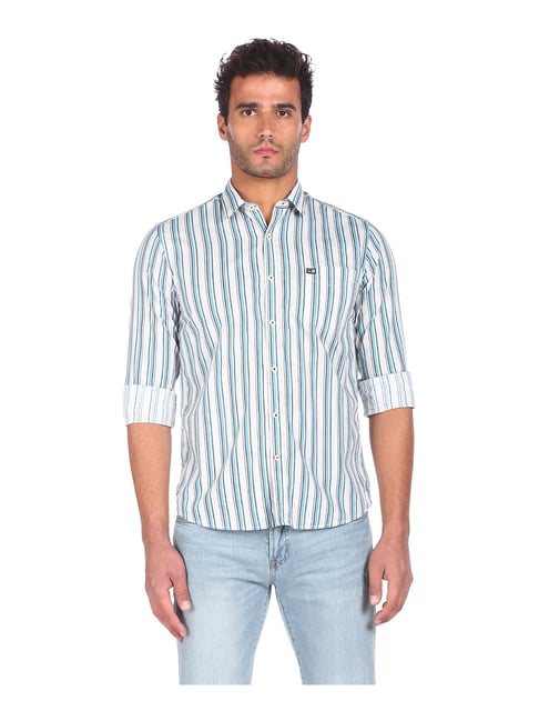 Arrow Blue Regular Fit Striped Cotton Shirt - Flexi Collection