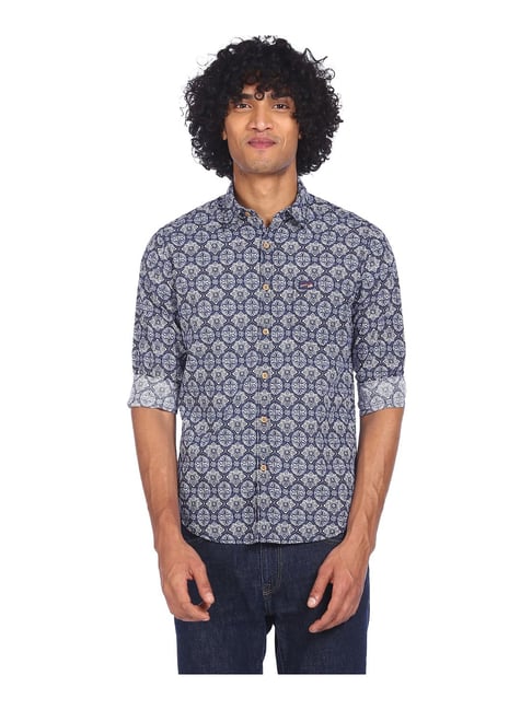 U S Polo Assn "U.S. Polo Assn. Navy Regular Fit Printed Cotton Shirt - Flexi Collection"