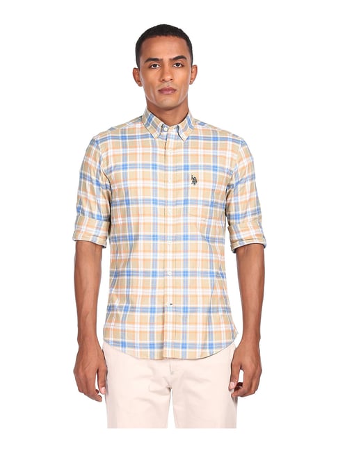 U S Polo Assn U.S. Polo Assn. Beige Regular Fit Check Cotton Shirt