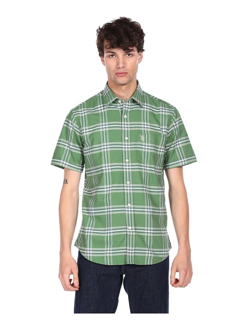 U S Polo Assn U.S. Polo Assn. Green Regular Fit Check Cotton Shirt