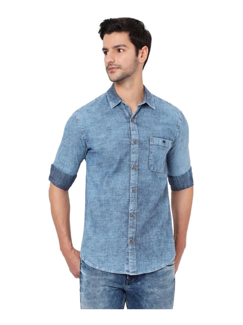 Mufti Sky Blue Cotton Slim Fit Shirt 