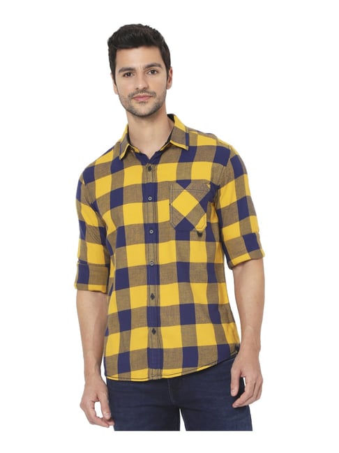 Mufti Yellow & Blue Cotton Slim Fit Checks Shirt