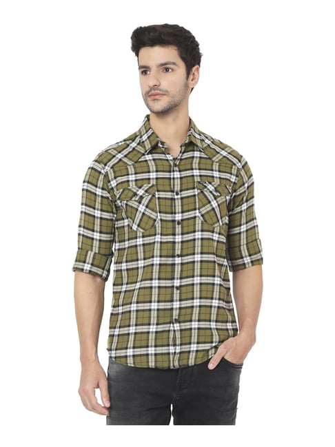 Mufti Olive Green Cotton Slim Fit Checks Shirt