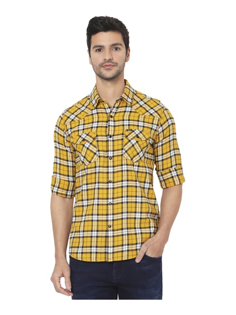 Mufti Yellow Cotton Slim Fit Checks Shirt