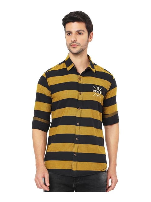 Mufti Yellow & Black Cotton Slim Fit Striped Shirt