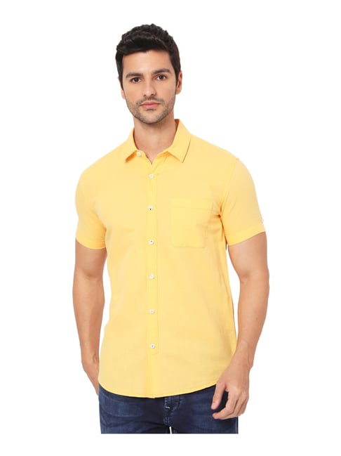 Mufti Yellow Cotton Linen Slim Fit Shirt