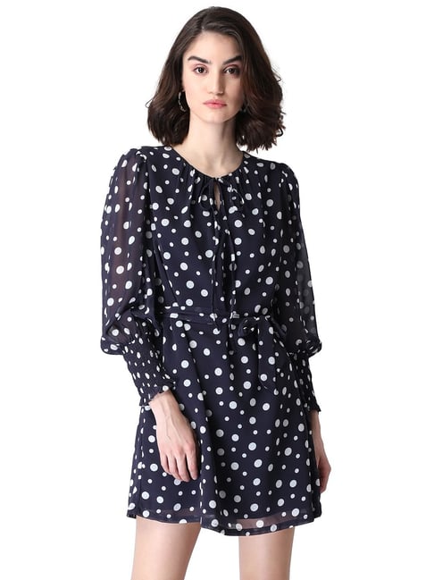 FabAlley Navy White Polka Dot Dress