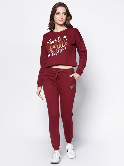 Sera Maroon Cotton Printed Top Trackpant Set-picture-15