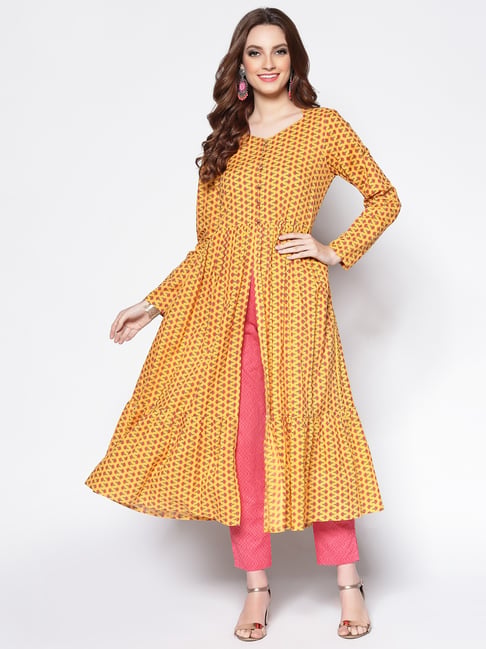 Sera Yellow & Pink Cotton Printed Kurta Pant Set