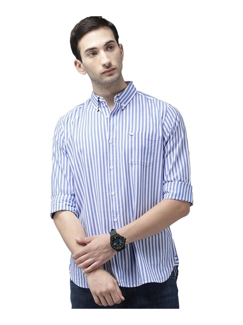 The Bear House Sky Blue Slim Fit Striped Shirt