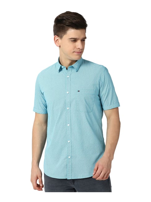 Peter England Casuals Blue Cotton Slim Fit Printed Shirt