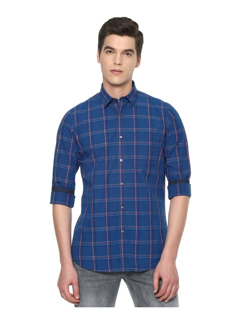 Van Heusen Sport Blue Cotton Slim Fit Checks Shirt