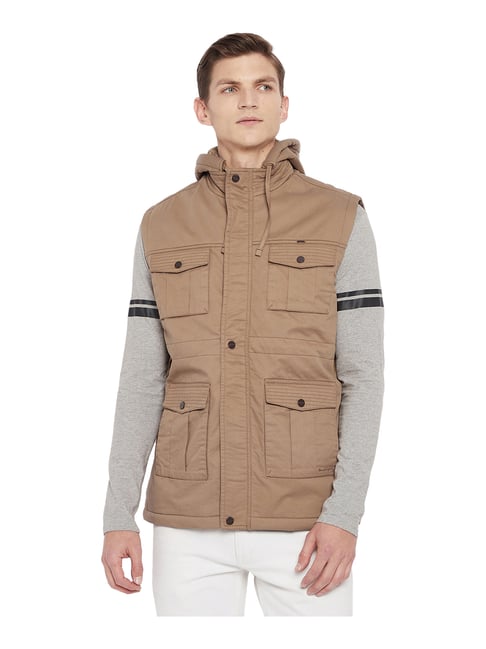 Okane Brown Sleeveless Hooded Jacket