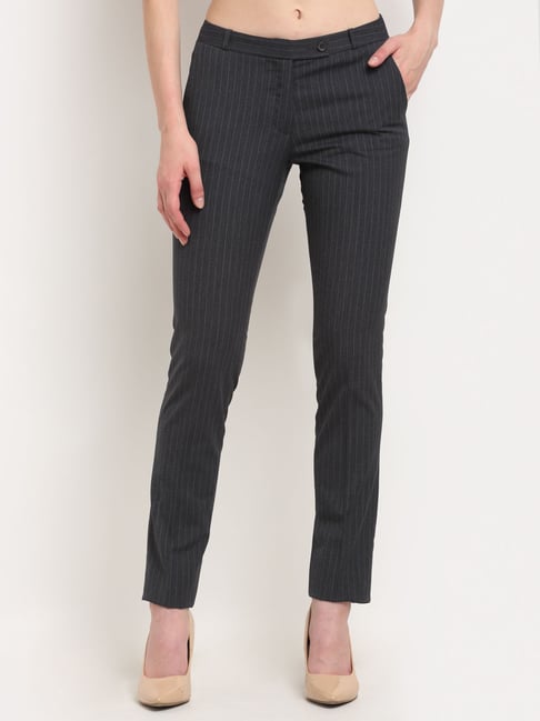 Buy Women Black Stripe Formal Slim Fit Trousers Online - 740037 | Van Heusen