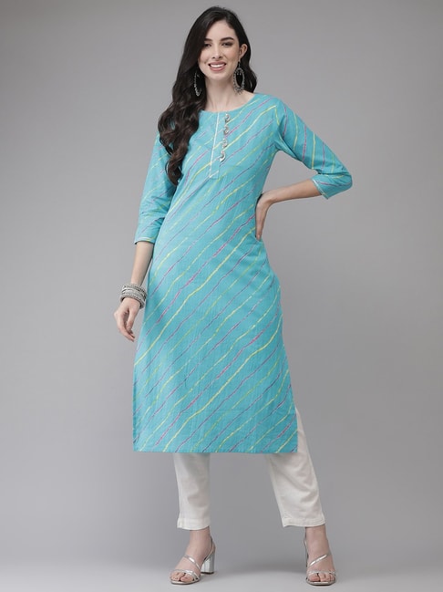 Yufta Turquoise Striped Straight Kurta Price in India