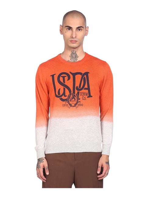 U S Polo Assn U.S. Polo Assn. Orange & White Printed Round Neck Sweater