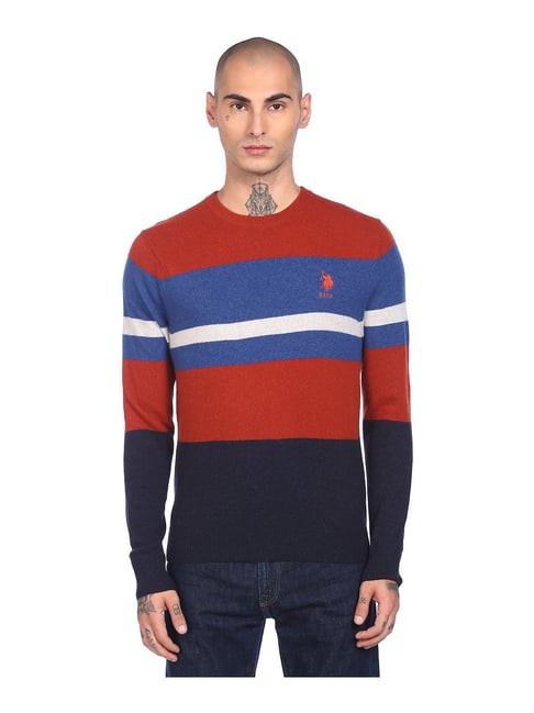 U S Polo Assn U.S. Polo Assn. Blue & Orange Striped Round Neck Sweater