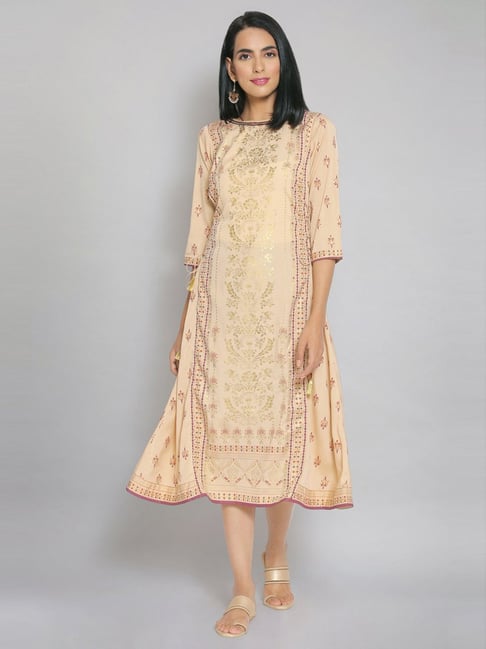 Aurelia Beige Printed Flared Dress Price in India