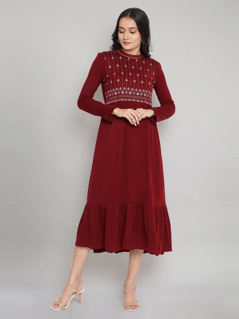 Aurelia Maroon Embroidered A-Line Dress Price in India