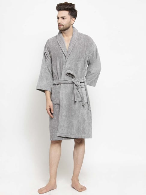 Trident Cloud Grey Cotton 350 GSM Bathrobe for Men (Medium)