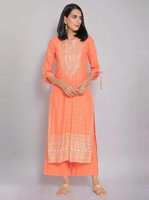 Aurelia Orange Embellished Straight Kurta Price in India