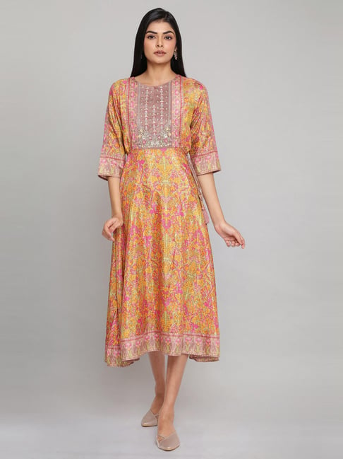 W Yellow Printed A-Line Dress