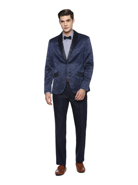 V Dot Navy Skinny Fit Self Pattern Two Piece Suit