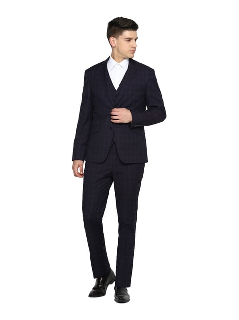 V Dot Navy Skinny Fit Checks Three Piece Suit