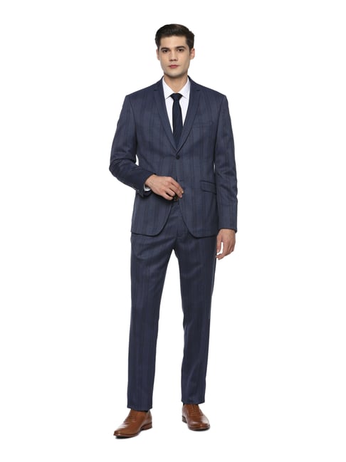 V Dot Navy Skinny Fit Striped Two Piece Suit