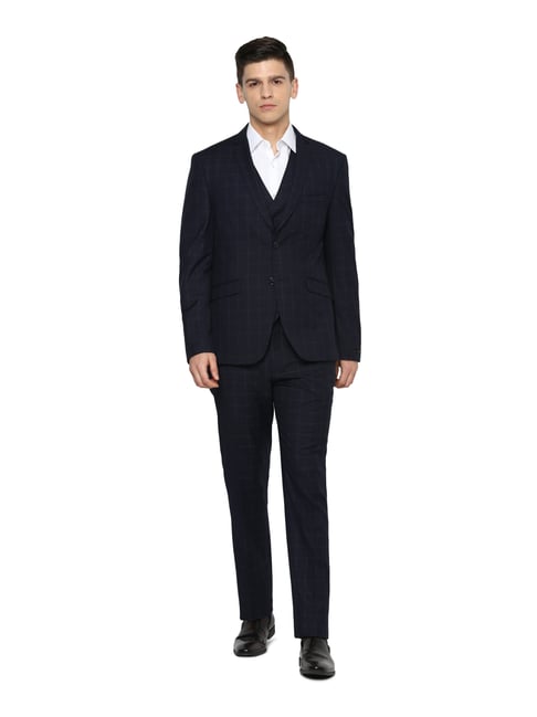 V Dot Navy Skinny Fit Checks Three Piece Suit