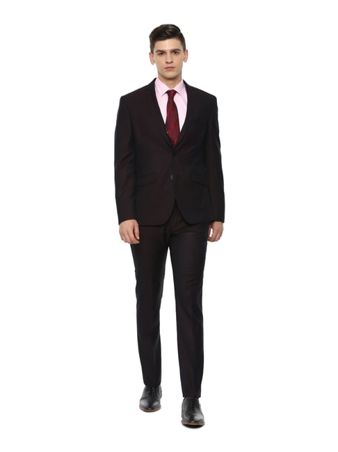 V Dot Brown Skinny Fit Self Pattern Three Piece Suit