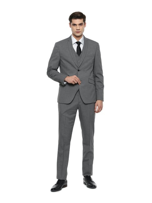 V Dot Grey Skinny Fit Checks Three Piece Suit