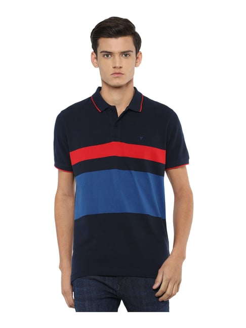 Van Heusen Sport Navy Cotton Regular Fit Striped Polo T-Shirt