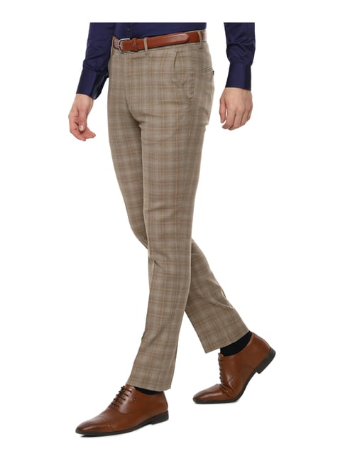 Buy Louis Philippe Beige Slim Fit Checks Trousers for Mens Online