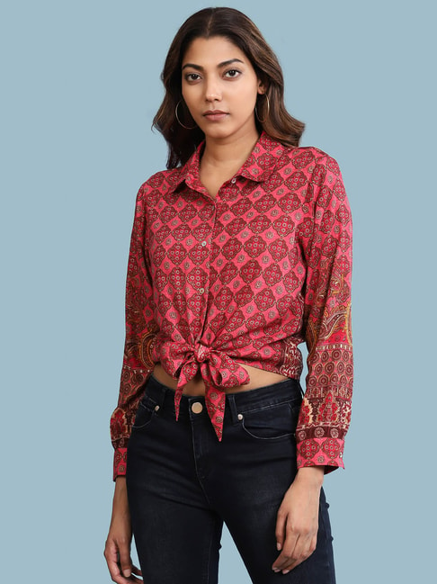 aarke Ritu Kumar Pink & Red Printed Crop Shirt Price in India