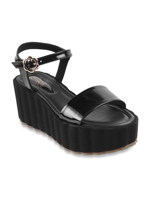 Catwalk Women's Pitch Black Ankle Strap Wedges