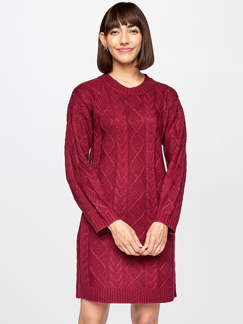 AND Maroon Self Design Sweater Dress Price in India